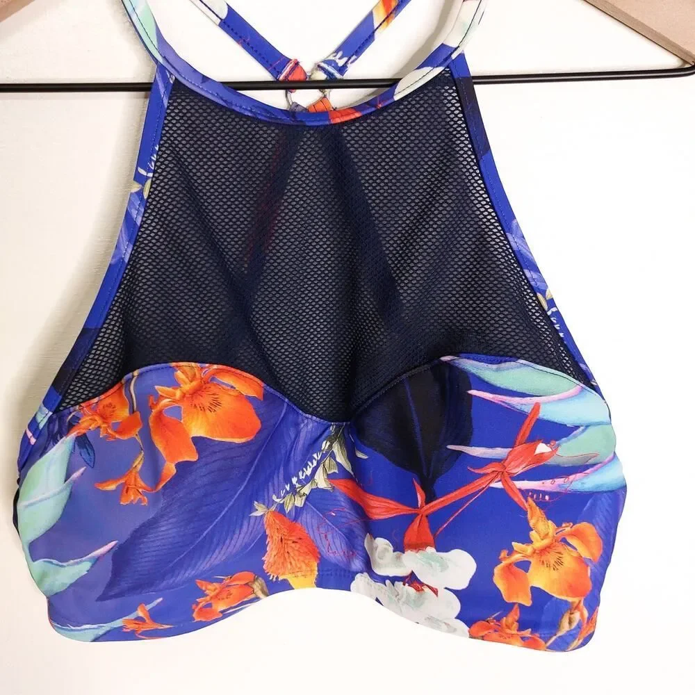 Athleta Lucia High Neck Blue Mesh Bikini Top Swimsuit Small